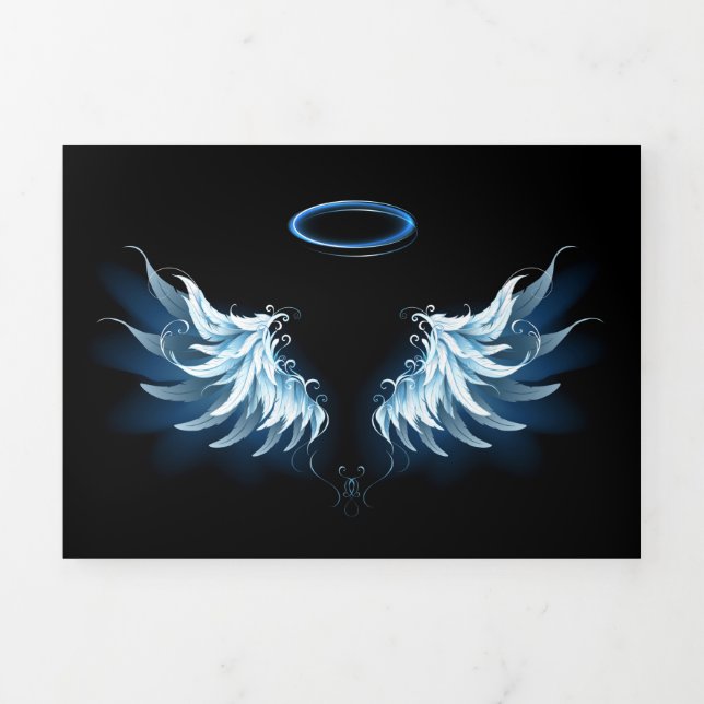 Blue Glows Angel Wings auf schwarzem Hintergrund Dreifach Gefaltete Urlaubskarte (Cover)
