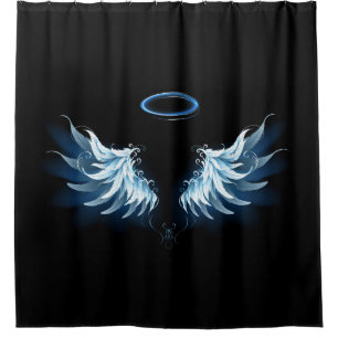 Blue Glows Angel Wings auf schwarzem Hintergrund Duschvorhang