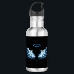 Blue Glows Angel Wings auf schwarzem Hintergrund Edelstahlflasche<br><div class="desc">Helle,  künstlerische,  blaue Engelsflügel auf schwarzem Hintergrund. Engel Flügel.</div>