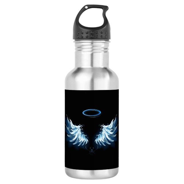 Blue Glows Angel Wings auf schwarzem Hintergrund Edelstahlflasche (Vorderseite)