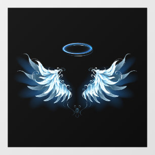 Blue Glows Angel Wings auf schwarzem Hintergrund Fensteraufkleber