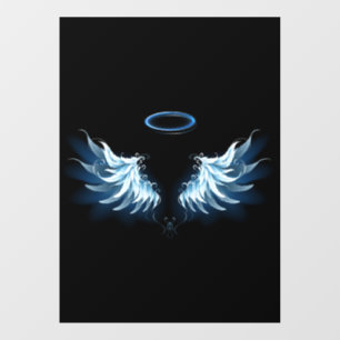 Blue Glows Angel Wings auf schwarzem Hintergrund Fensteraufkleber