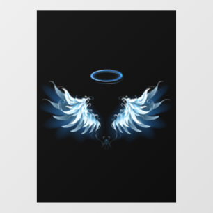 Blue Glows Angel Wings auf schwarzem Hintergrund Fensteraufkleber