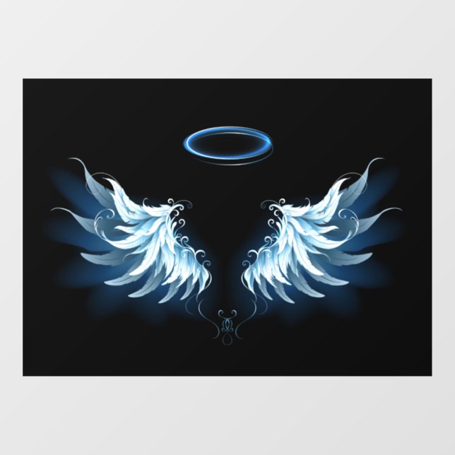 Blue Glows Angel Wings auf schwarzem Hintergrund Fensteraufkleber (Blatt)