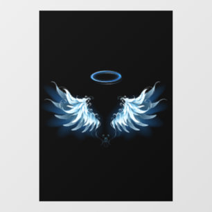 Blue Glows Angel Wings auf schwarzem Hintergrund Fensteraufkleber