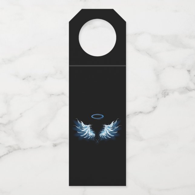 Blue Glows Angel Wings auf schwarzem Hintergrund Flaschenanhänger (Vorderseite)