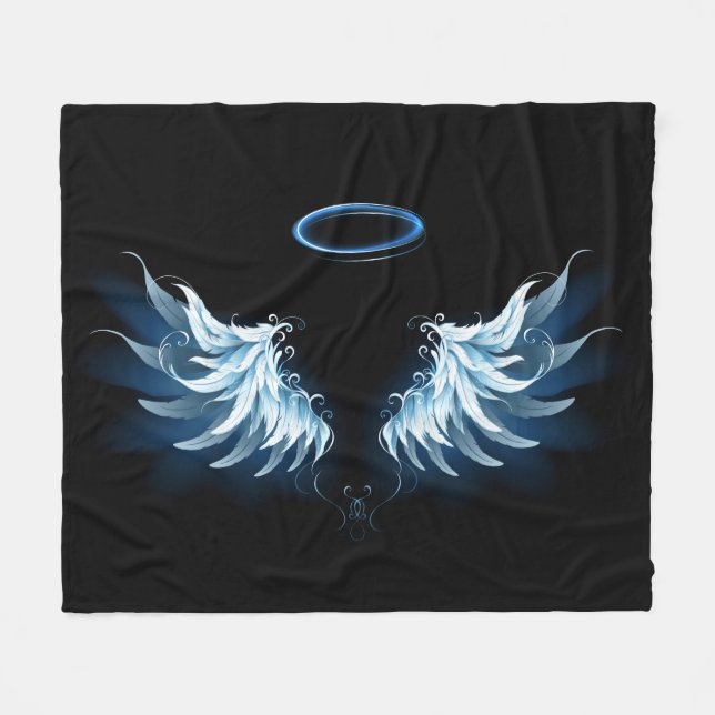 Blue Glows Angel Wings auf schwarzem Hintergrund Fleecedecke (Vorderseite (Horizontal))