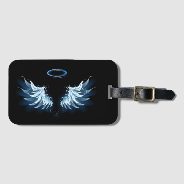 Blue Glows Angel Wings auf schwarzem Hintergrund Gepäckanhänger (Vorderseite (Horizontal))