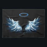 Blue Glows Angel Wings auf schwarzem Hintergrund Geschirrtuch<br><div class="desc">Helle, künstlerische, blaue Engelsflügel auf schwarzem Hintergrund. Engel Flügel.</div>