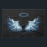Blue Glows Angel Wings auf schwarzem Hintergrund Geschirrtuch<br><div class="desc">Helle,  künstlerische,  blaue Engelsflügel auf schwarzem Hintergrund. Engel Flügel.</div>