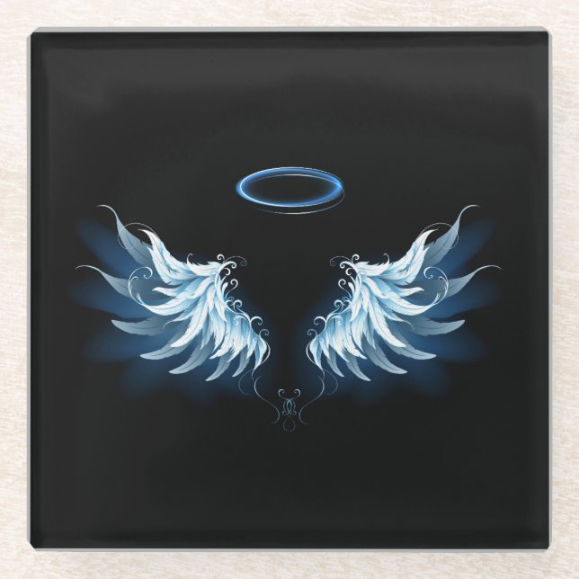 Blue Glows Angel Wings auf schwarzem Hintergrund Glasuntersetzer (Vorderseite)