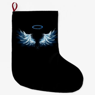 Blue Glows Angel Wings auf schwarzem Hintergrund Großer Weihnachtsstrumpf