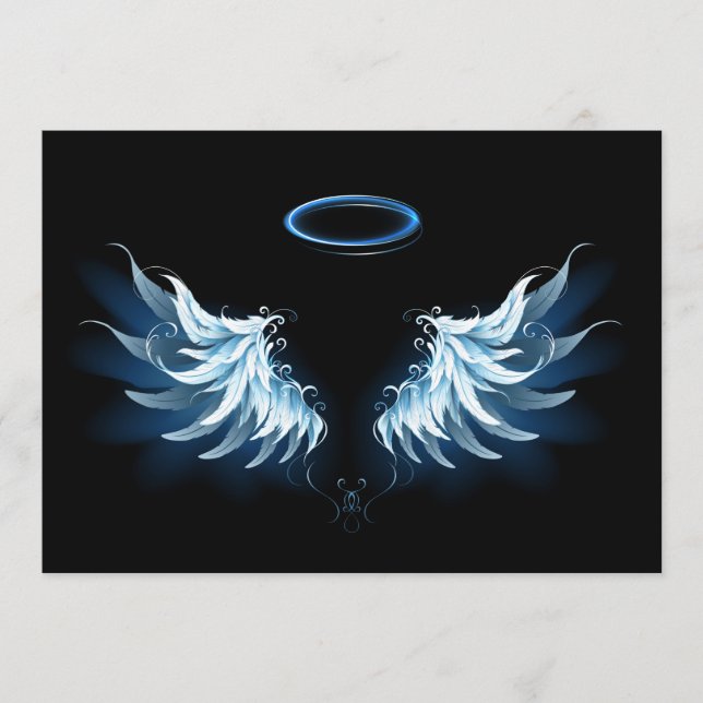 Blue Glows Angel Wings auf schwarzem Hintergrund Hinweiskarte (Vorderseite)