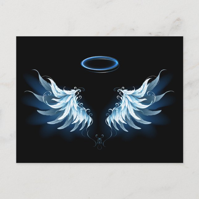 Blue Glows Angel Wings auf schwarzem Hintergrund Hinweiskarte (Vorderseite)