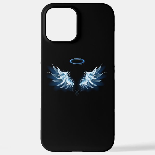 Blue Glows Angel Wings auf schwarzem Hintergrund iPhone 12 Pro Max Hülle (Rückseite)