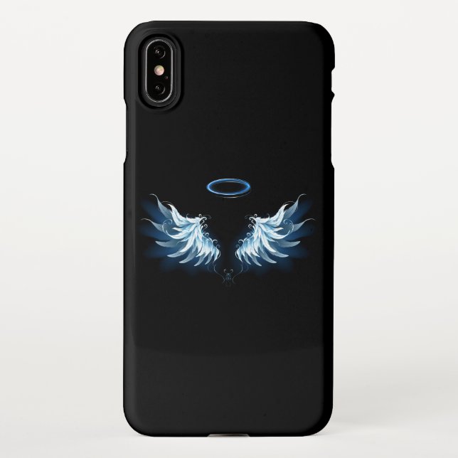 Blue Glows Angel Wings auf schwarzem Hintergrund iPhone Hülle (Rückseite)