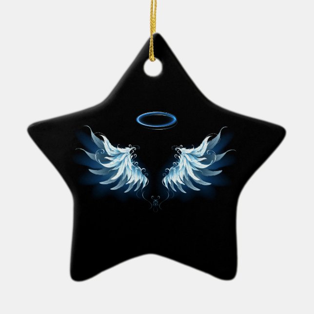 Blue Glows Angel Wings auf schwarzem Hintergrund Keramik Ornament (Vorne)