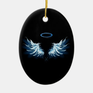 Blue Glows Angel Wings auf schwarzem Hintergrund Keramik Ornament