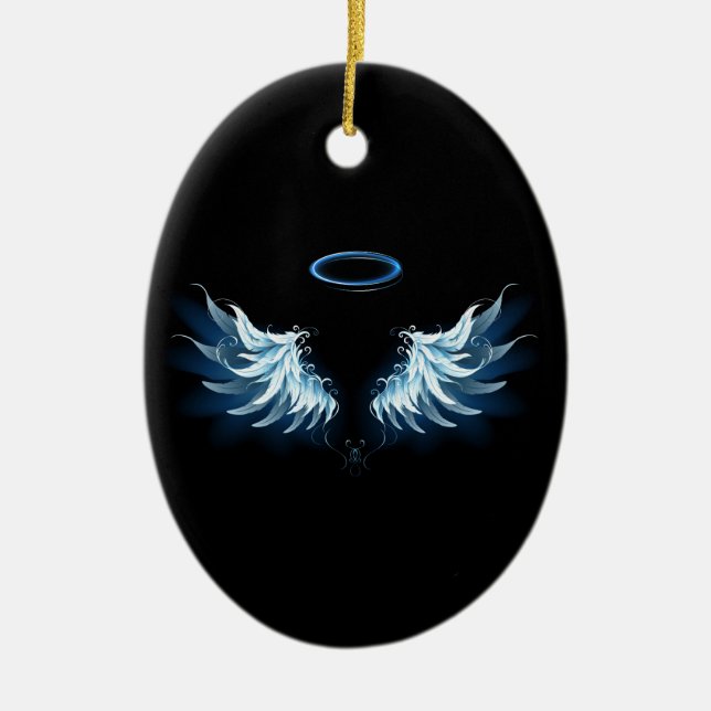 Blue Glows Angel Wings auf schwarzem Hintergrund Keramik Ornament (Vorne)