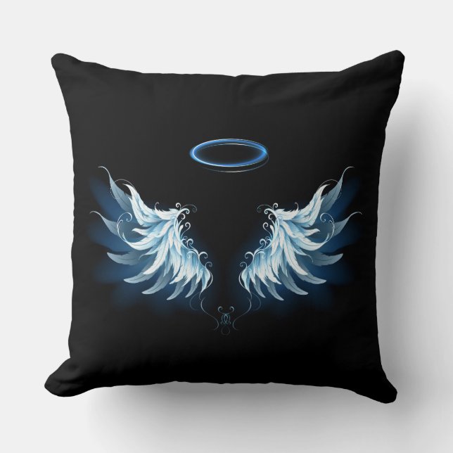 Blue Glows Angel Wings auf schwarzem Hintergrund Kissen (Vorderseite)