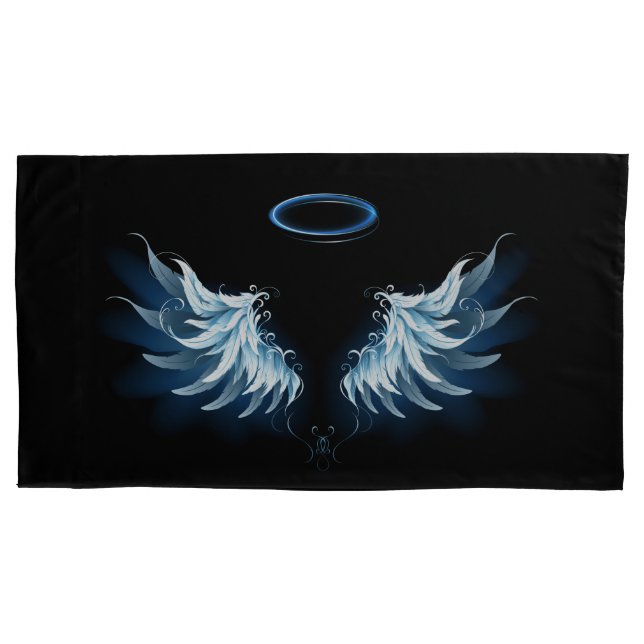 Blue Glows Angel Wings auf schwarzem Hintergrund Kissenbezug (Vorderseite-Links)