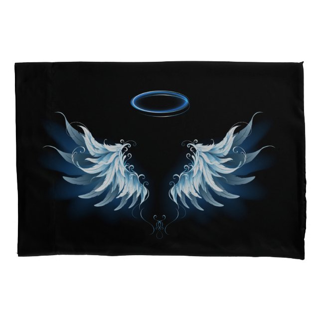 Blue Glows Angel Wings auf schwarzem Hintergrund Kissenbezug (Vorderseite-Links)