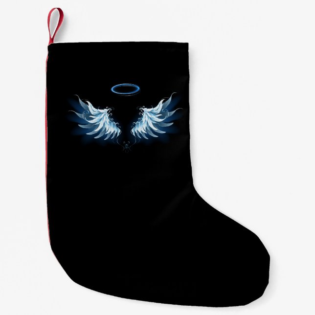 Blue Glows Angel Wings auf schwarzem Hintergrund Kleiner Weihnachtsstrumpf (Vorderseite)