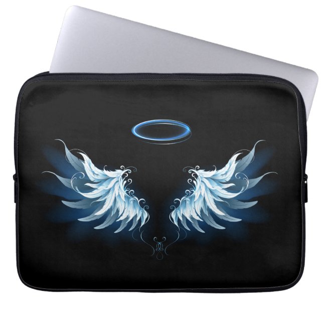 Blue Glows Angel Wings auf schwarzem Hintergrund Laptopschutzhülle (Vorderseite)