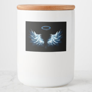 Blue Glows Angel Wings auf schwarzem Hintergrund Lebensmitteletikett