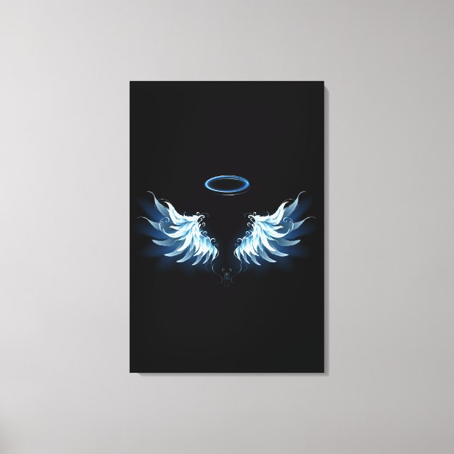 Blue Glows Angel Wings auf schwarzem Hintergrund Leinwanddruck (Vorderseite)