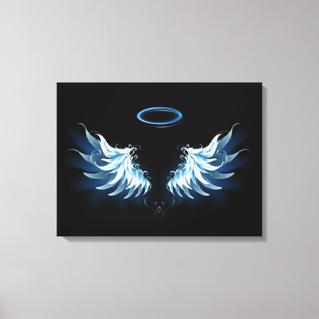 Blue Glows Angel Wings auf schwarzem Hintergrund Leinwanddruck (Vorderseite)