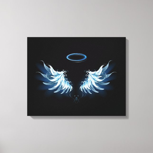 Blue Glows Angel Wings auf schwarzem Hintergrund Leinwanddruck (Vorderseite)