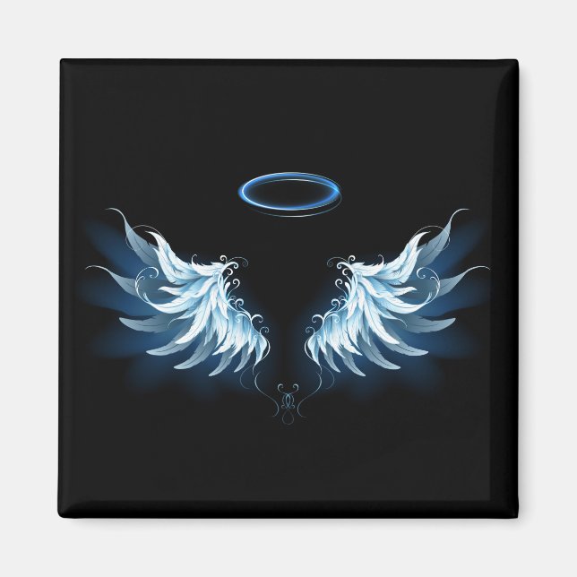 Blue Glows Angel Wings auf schwarzem Hintergrund Magnet (Vorne)