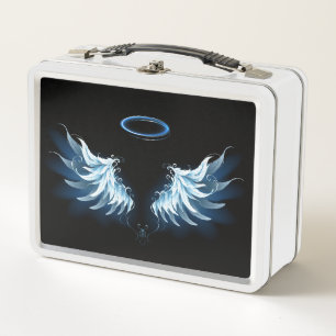 Blue Glows Angel Wings auf schwarzem Hintergrund Metall Brotdose