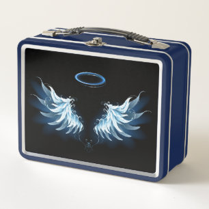 Blue Glows Angel Wings auf schwarzem Hintergrund Metall Brotdose