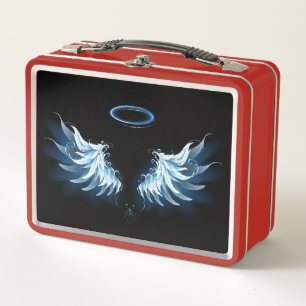 Blue Glows Angel Wings auf schwarzem Hintergrund Metall Brotdose