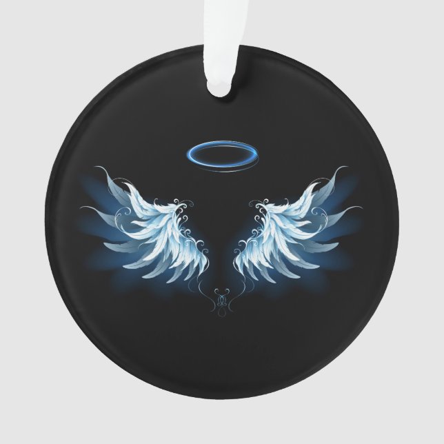 Blue Glows Angel Wings auf schwarzem Hintergrund Ornament (Vorderseite)