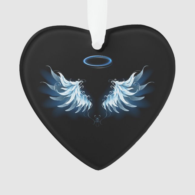 Blue Glows Angel Wings auf schwarzem Hintergrund Ornament (Vorderseite)