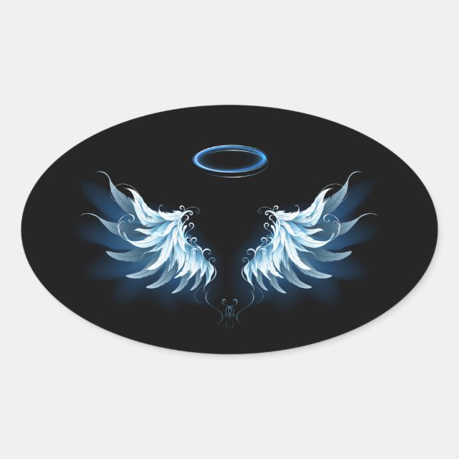 Blue Glows Angel Wings auf schwarzem Hintergrund Ovaler Aufkleber (Vorderseite)