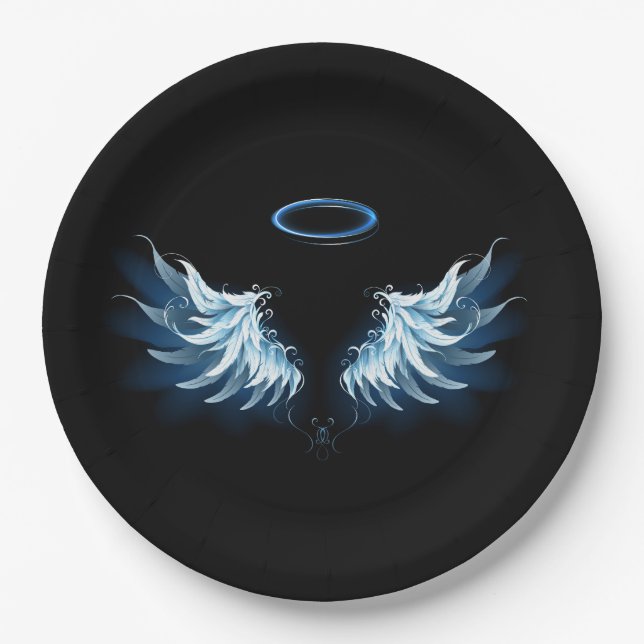 Blue Glows Angel Wings auf schwarzem Hintergrund Pappteller (Vorderseite)