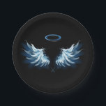 Blue Glows Angel Wings auf schwarzem Hintergrund Pappteller<br><div class="desc">Helle,  künstlerische,  blaue Engelsflügel auf schwarzem Hintergrund. Engel Flügel.</div>