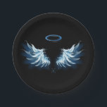 Blue Glows Angel Wings auf schwarzem Hintergrund Pappteller<br><div class="desc">Helle,  künstlerische,  blaue Engelsflügel auf schwarzem Hintergrund. Engel Flügel.</div>