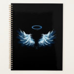 Blue Glows Angel Wings auf schwarzem Hintergrund Planer<br><div class="desc">Helle,  künstlerische,  blaue Engelsflügel auf schwarzem Hintergrund. Engel Flügel.</div>