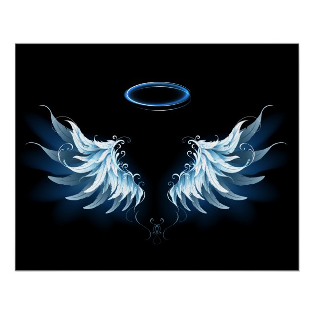 Blue Glows Angel Wings auf schwarzem Hintergrund Poster (Vorderseite)