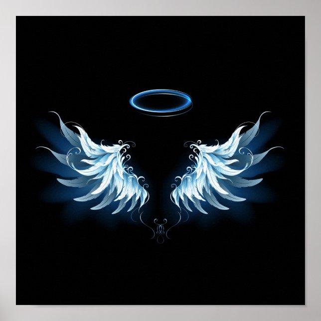 Blue Glows Angel Wings auf schwarzem Hintergrund Poster (Vorne)