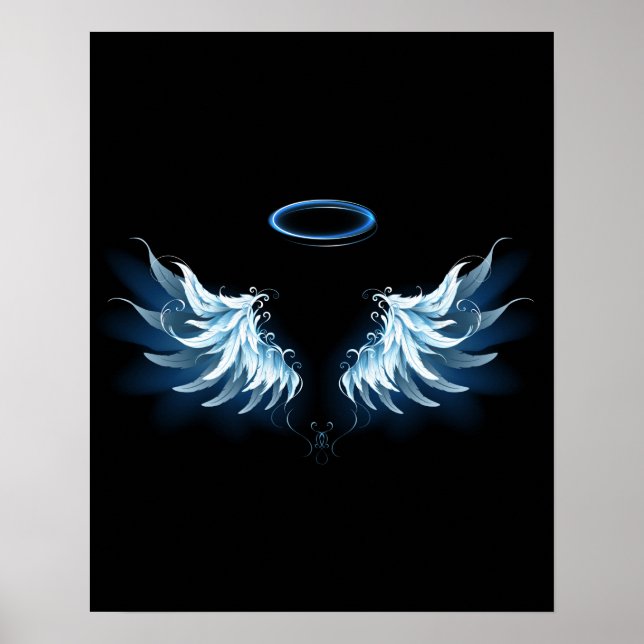 Blue Glows Angel Wings auf schwarzem Hintergrund Poster (Vorne)