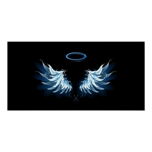 Blue Glows Angel Wings auf schwarzem Hintergrund Poster (Vorderseite)