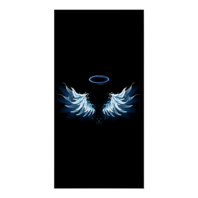 Blue Glows Angel Wings auf schwarzem Hintergrund Poster (Vorderseite)