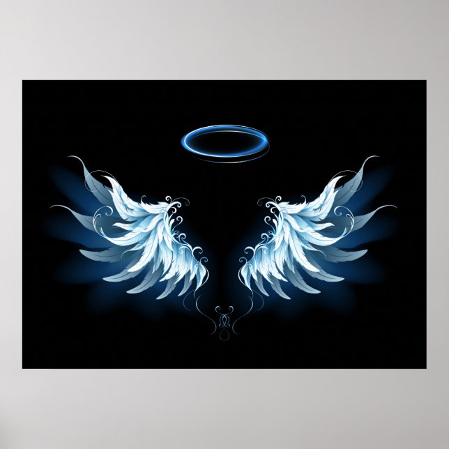 Blue Glows Angel Wings auf schwarzem Hintergrund Poster (Vorne)