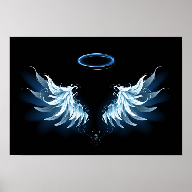 Blue Glows Angel Wings auf schwarzem Hintergrund Poster (Vorne)